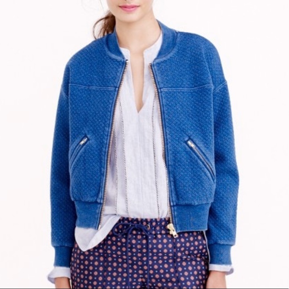 J Crew Quilted Indigo Bomber Jacket